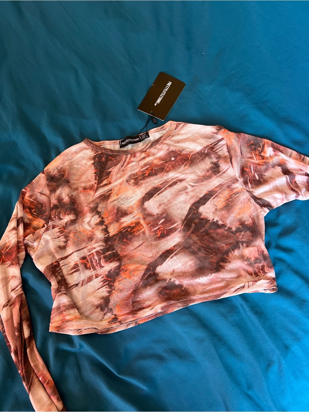 PrettyLittleThing Mesh Tie-Dye Long Sleeve Crop Top